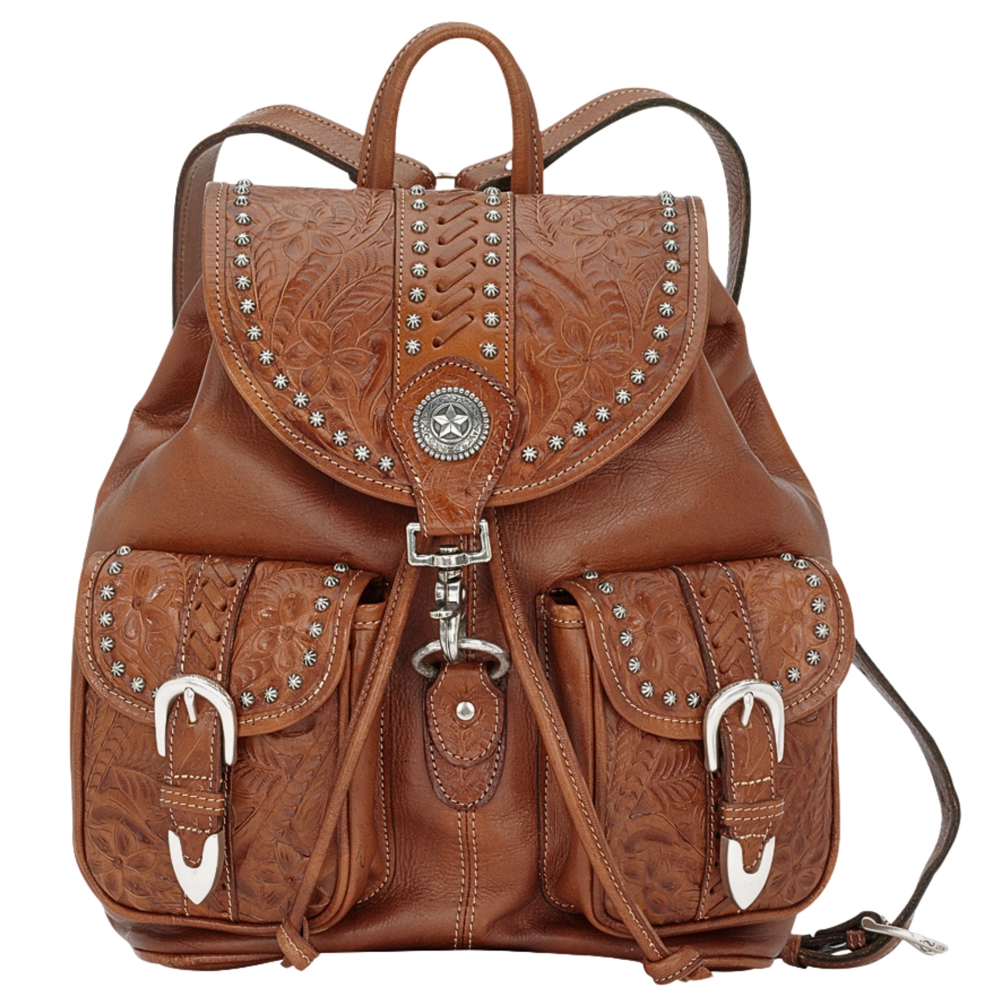 Retro Romance Classic Front Pocket Drawstring Backpack – Hand Tooled G – American West Handcrafted Leather
