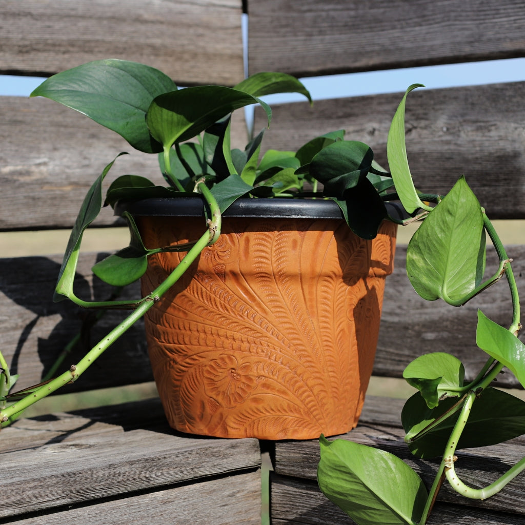 American West western home décor planter featuring handcrafted floral tooled leather-inspired design and rustic western styling