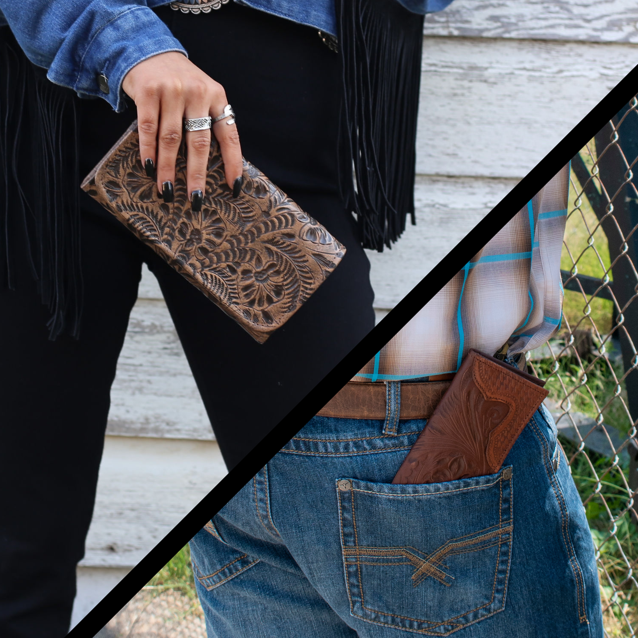 American West Handcrafted Leather wallets collection featuring floral tooled leather women’s wallet and handcrafted men’s western leather wallet