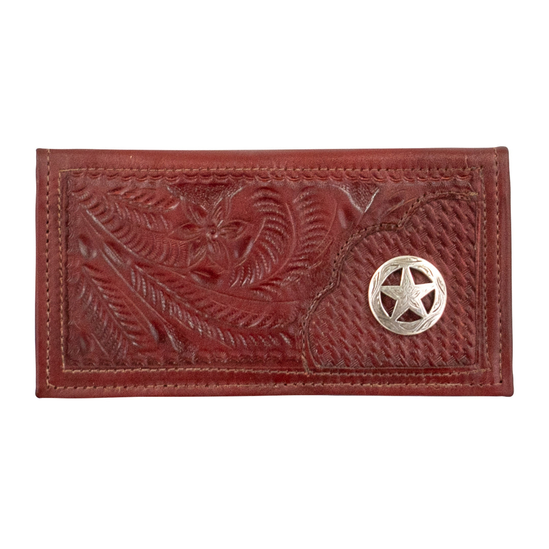 Men's rodeo wallet in wine with hand tooled leather accents and concho