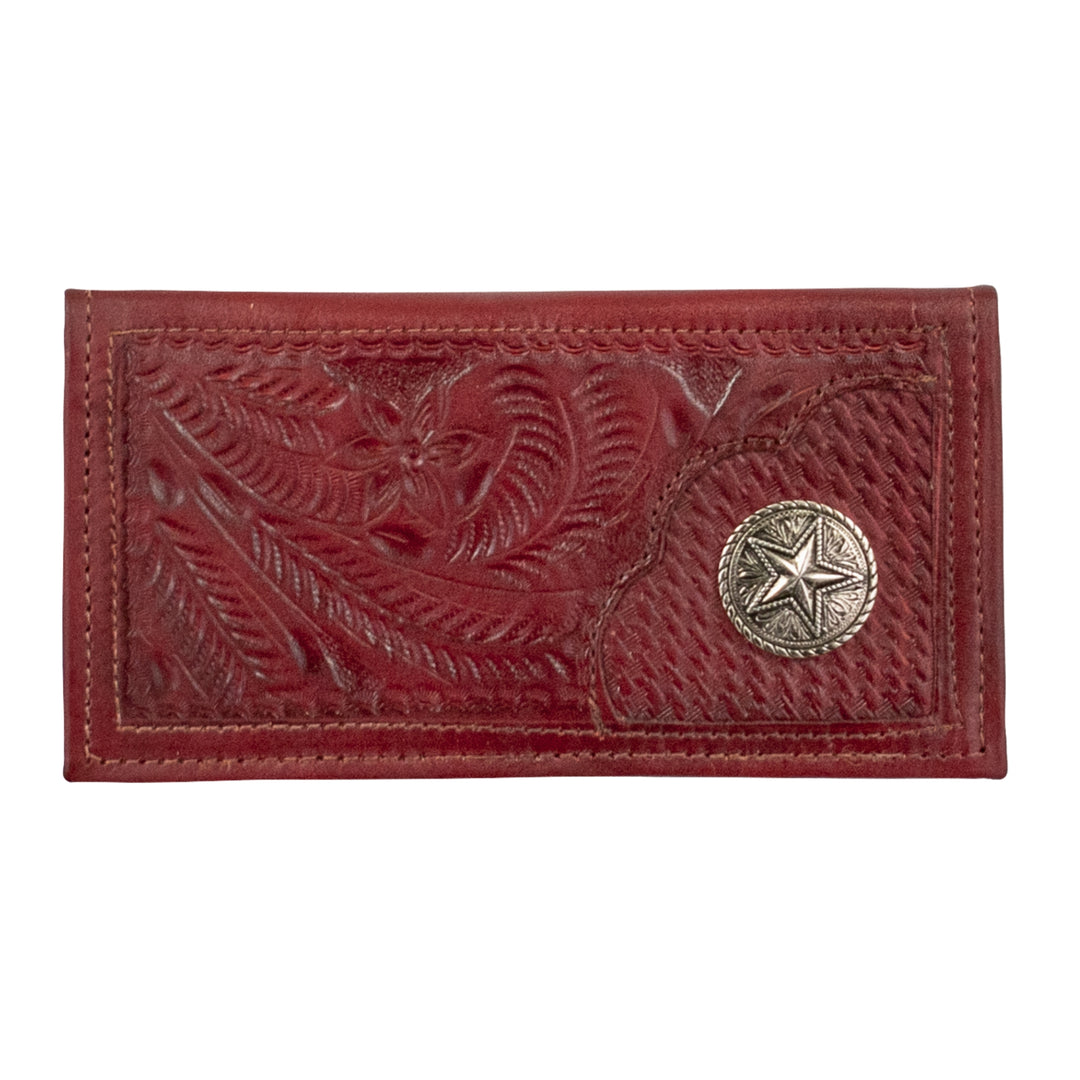 Men's rodeo wallet in wine with hand tooled leather accents and concho