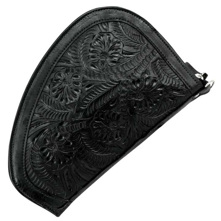 Padded Gun Case in black with hand tooled leather accents