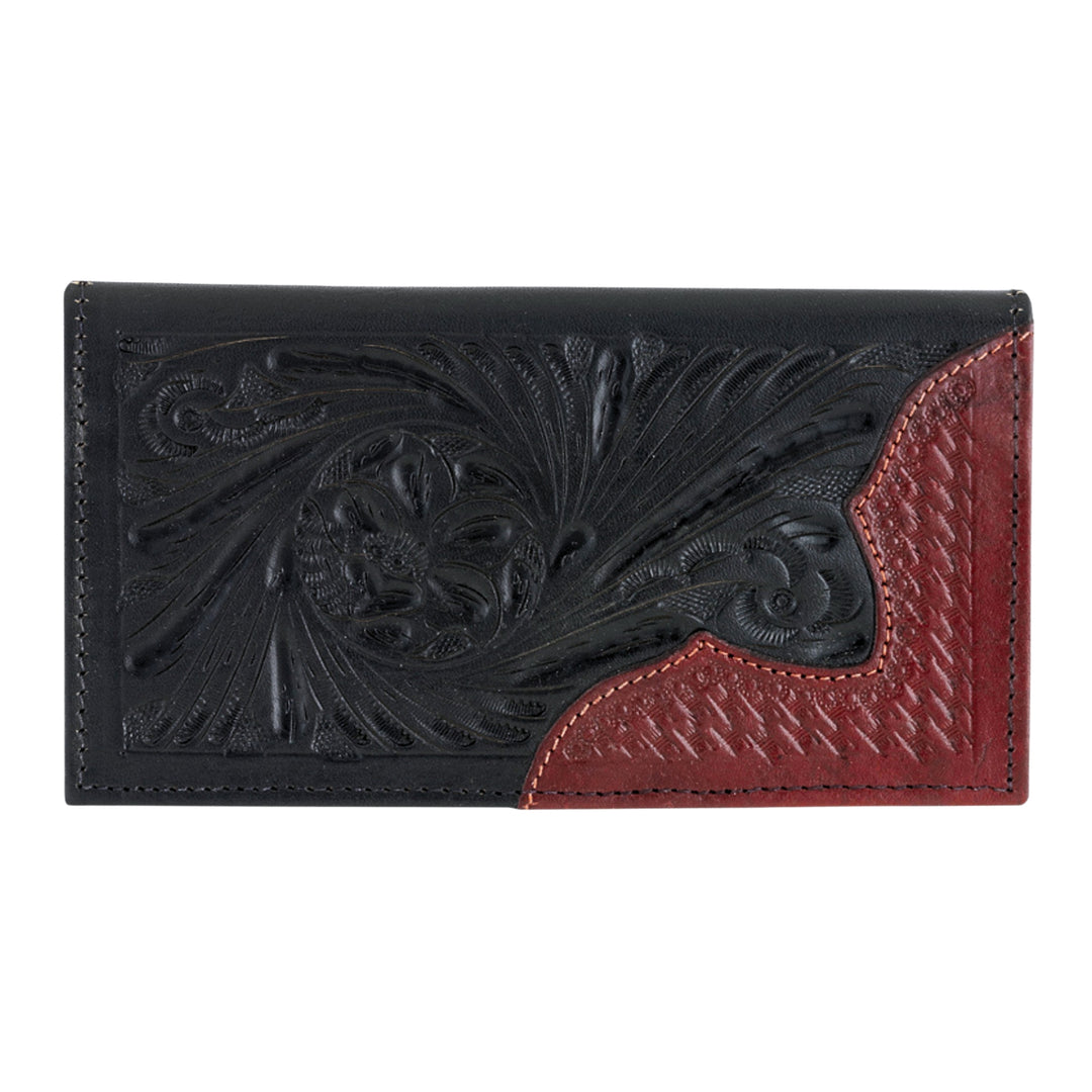 Men's rodeo wallet in black with hand tooled leather accents