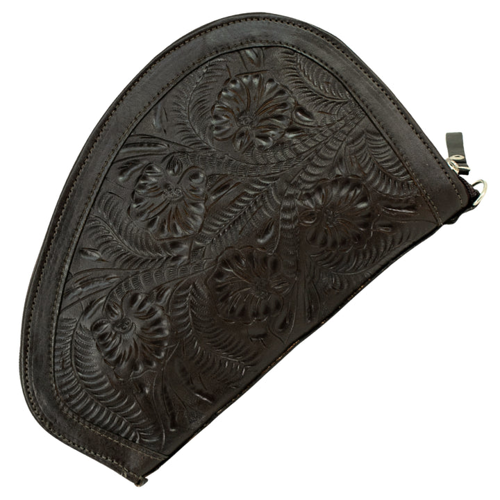 Padded Gun Case in chocolate brown with hand tooled leather accents
