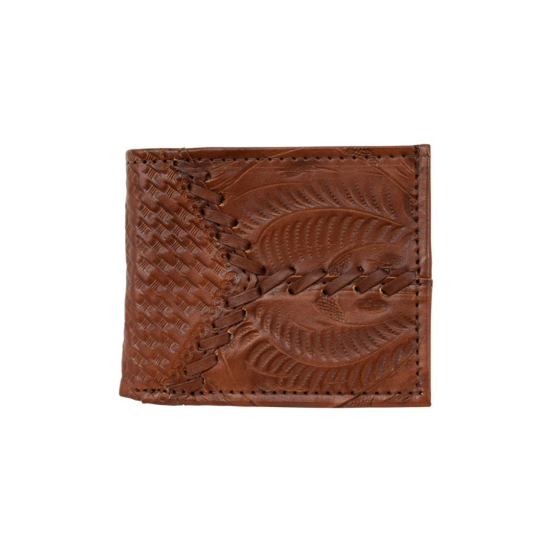 Men's bifold wallet in medium brown with hand tooled leather accents