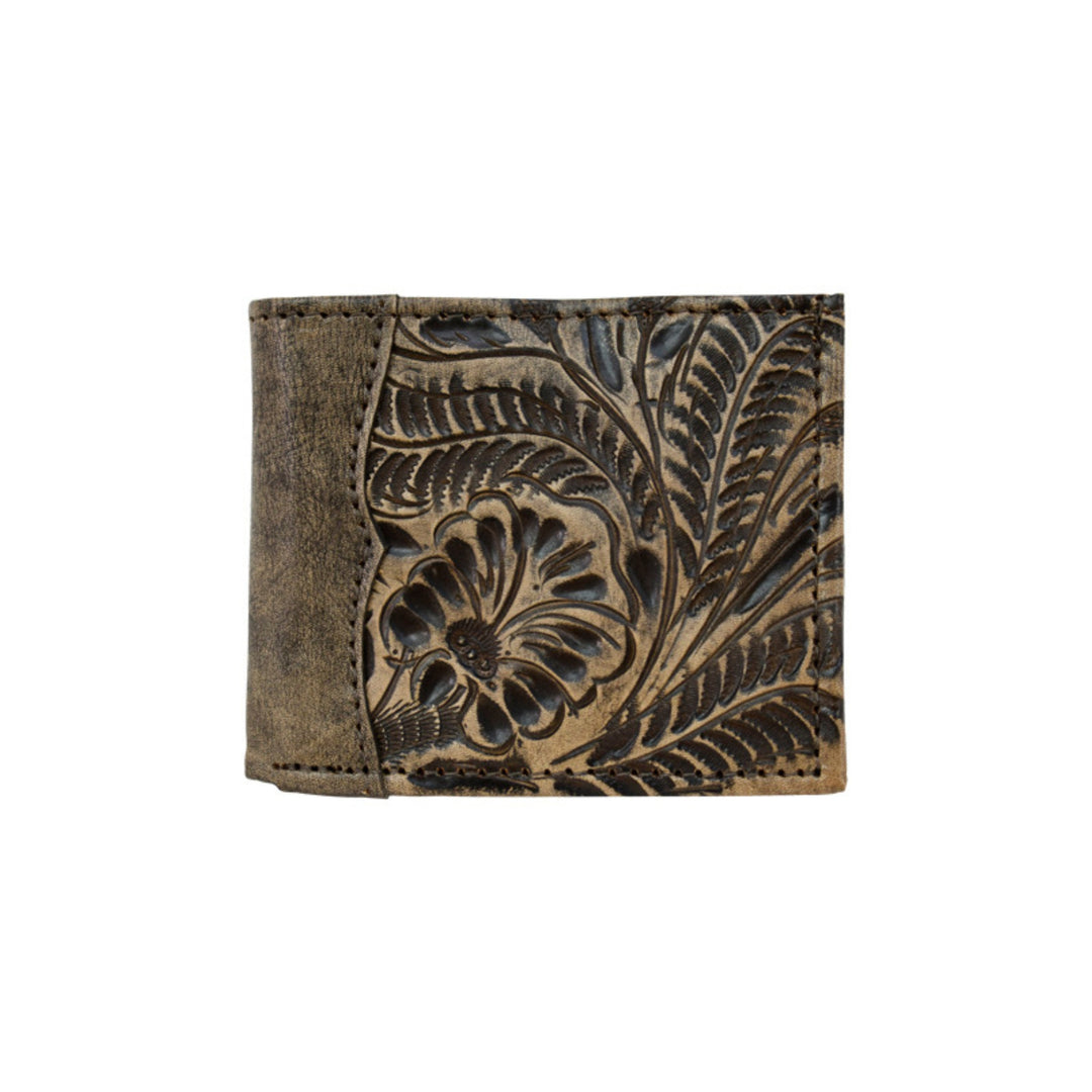 Men's bifold wallet in distressed charcoal brown with hand tooled leather accents