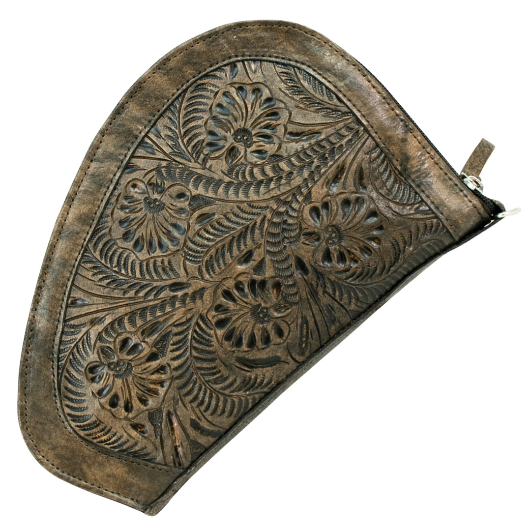 Padded Gun Case in distressed charcoal brown with hand tooled leather accents