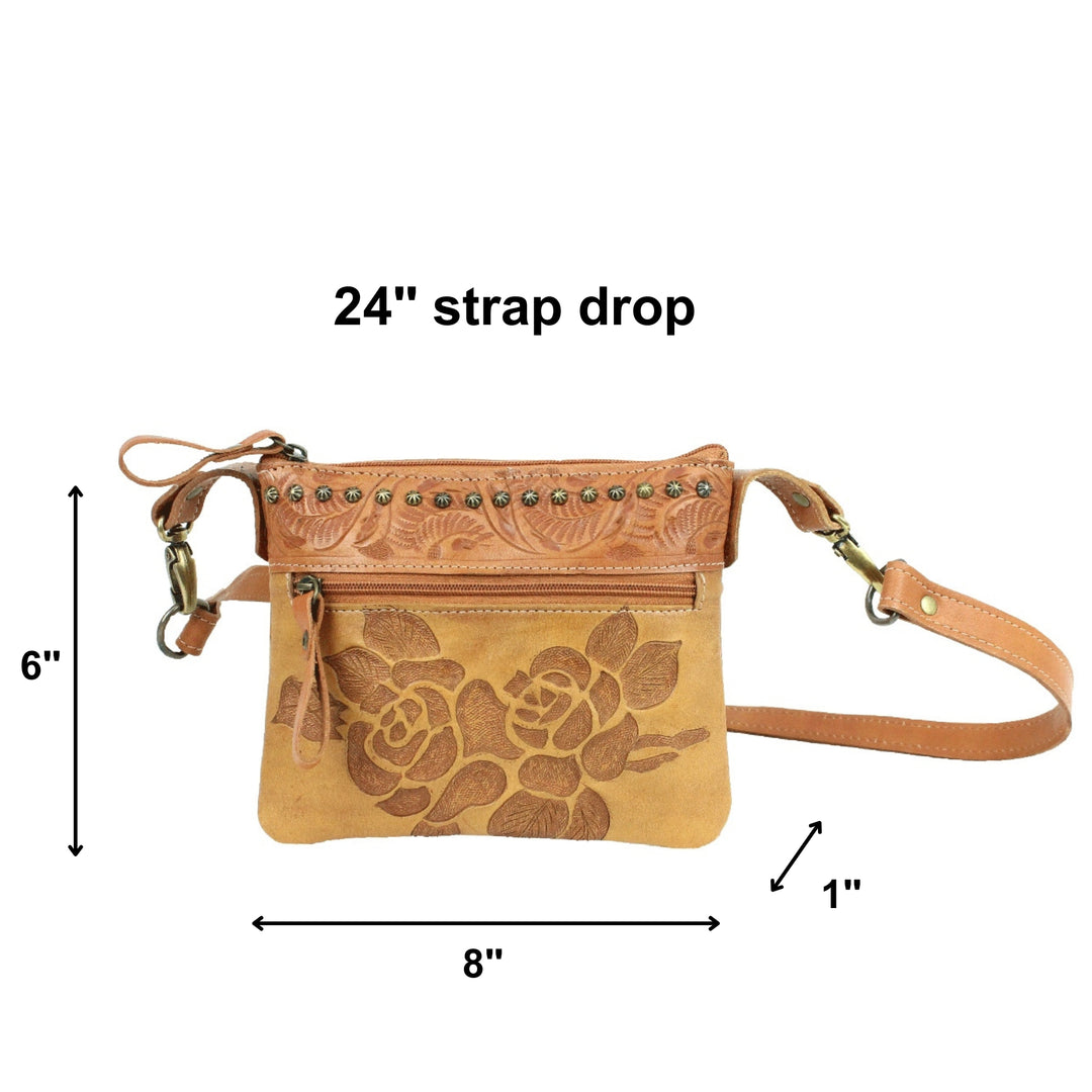 Texas Rose crossbody/hip bag in natural tan with hand tooled leather accents with dimensions