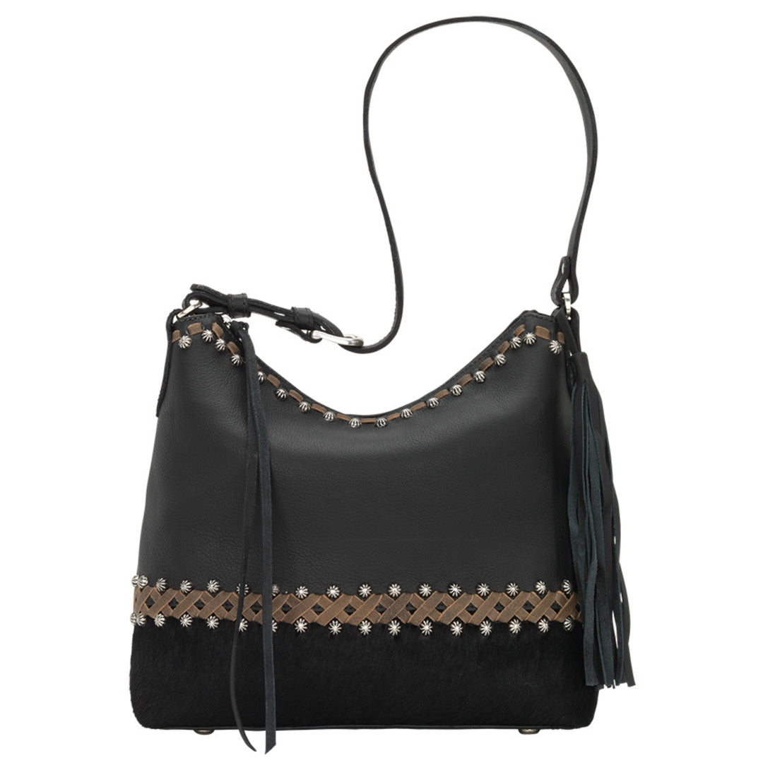 Wild Horses shoulder bag in black  with hair-on hide leather and stitching