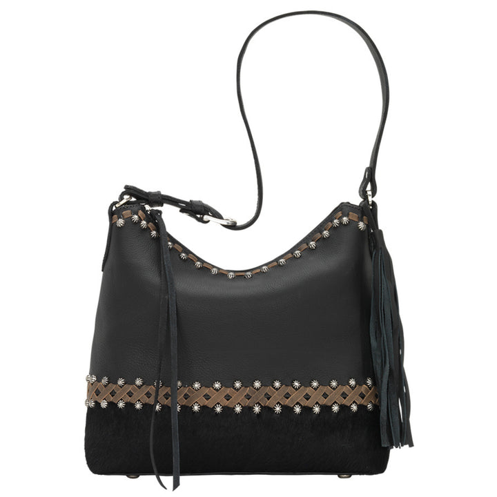Wild Horses shoulder bag in black  with hair-on hide leather and stitching