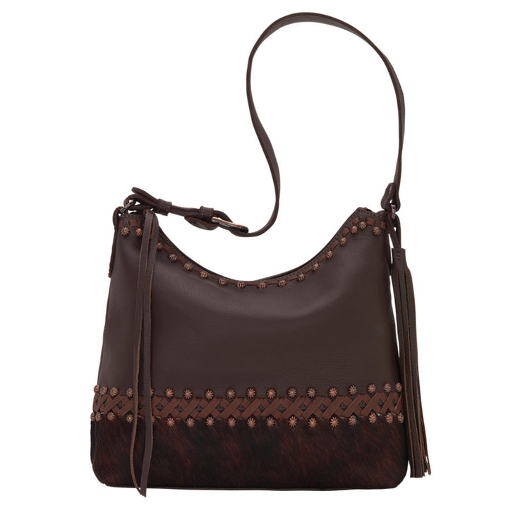 Wild Horses shoulder bag in brindle with hair-on hide leather and stitching