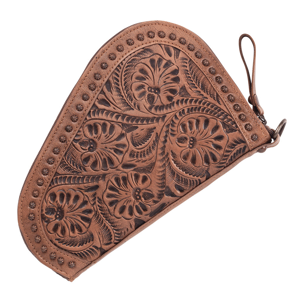 Padded Gun Case in dusty rose with hand tooled leather accents