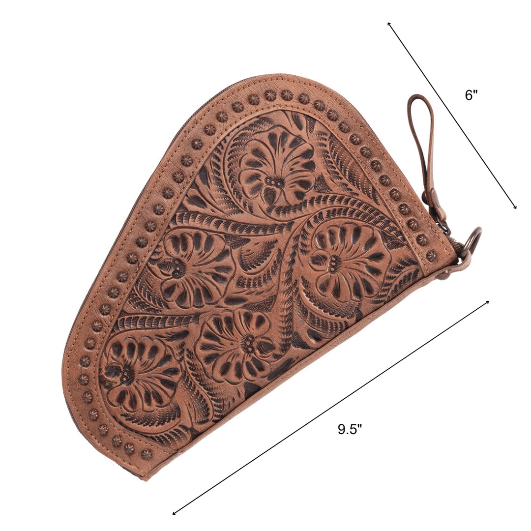 Padded Gun Case in dusty rose with hand tooled leather accents with dimensions