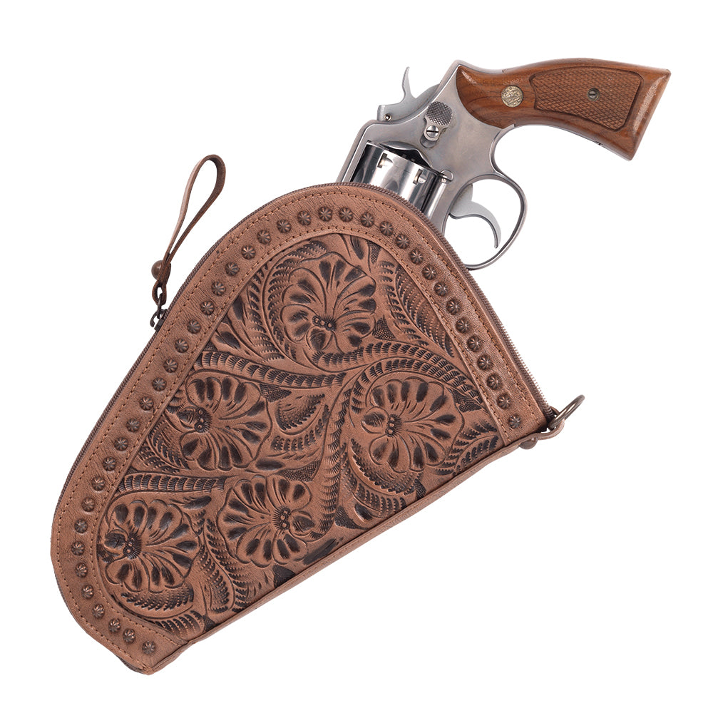 Padded Gun Case in dusty rose with hand tooled leather accents with handgun