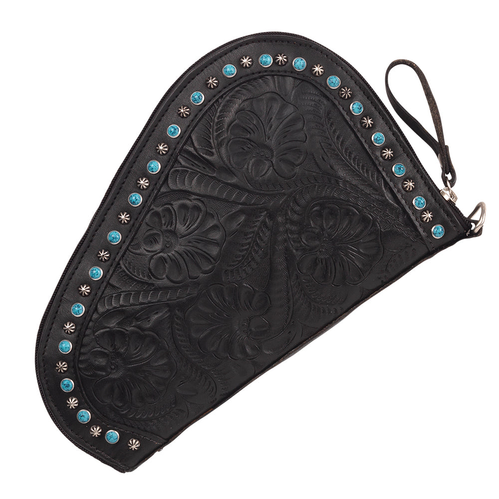 Padded Gun Case in black with hand tooled leather accents