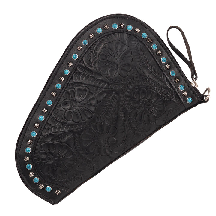 Padded Gun Case in black with hand tooled leather accents