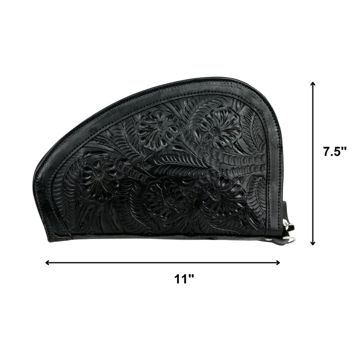 Padded Gun Case in black with hand tooled leather accents with dimensions