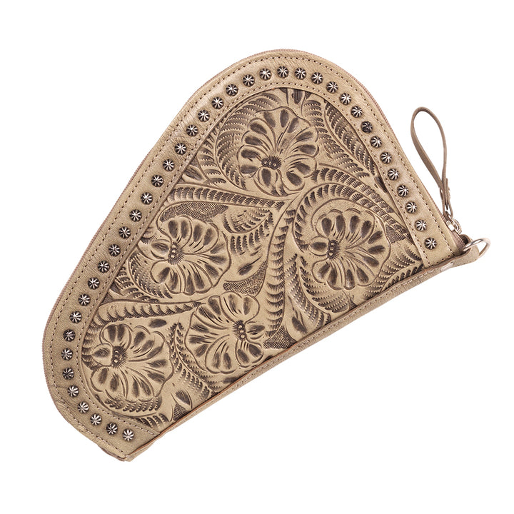 Padded Gun Case in sand with hand tooled leather accents
