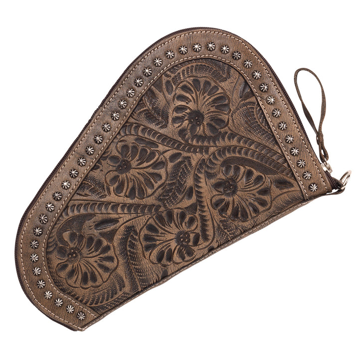 Padded Gun Case in distressed charcoal brown with hand tooled leather accents