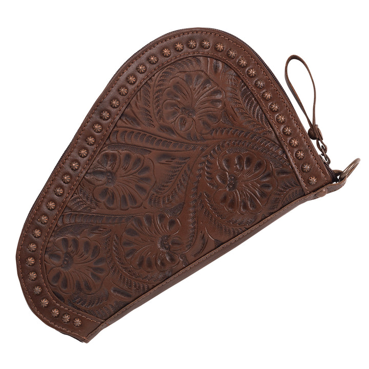 Padded Gun Case in dark brown with hand tooled leather accents