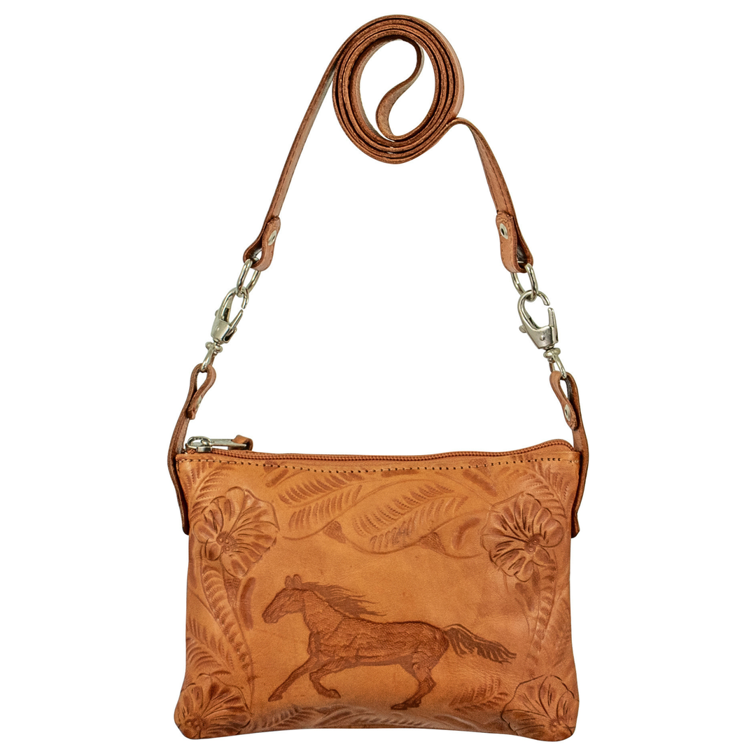 Hitchin' Post crossbody/hip bag in natural tan with hand tooled leather accents and horse