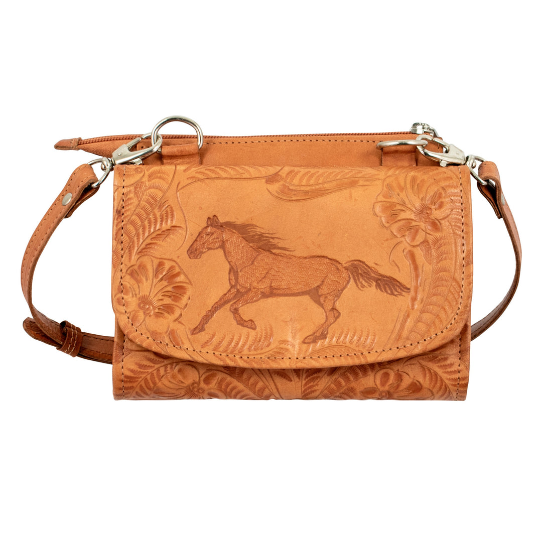 Hitchin' Post crossbody bag in natural tan with hand tooled leather accents and horse