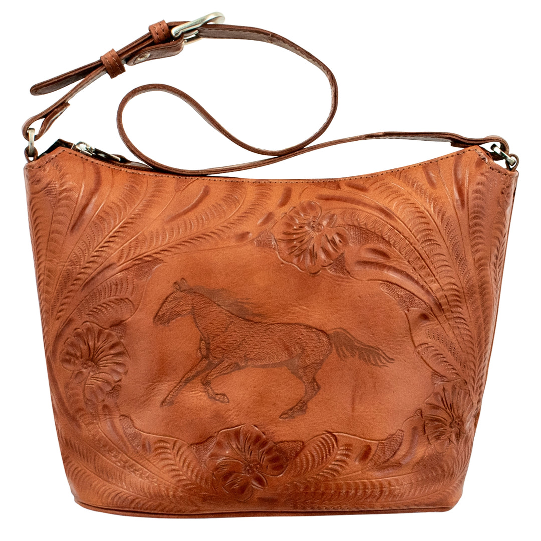 Hitchin' Post bucket tote in medium brown with hand tooled leather accents and horse