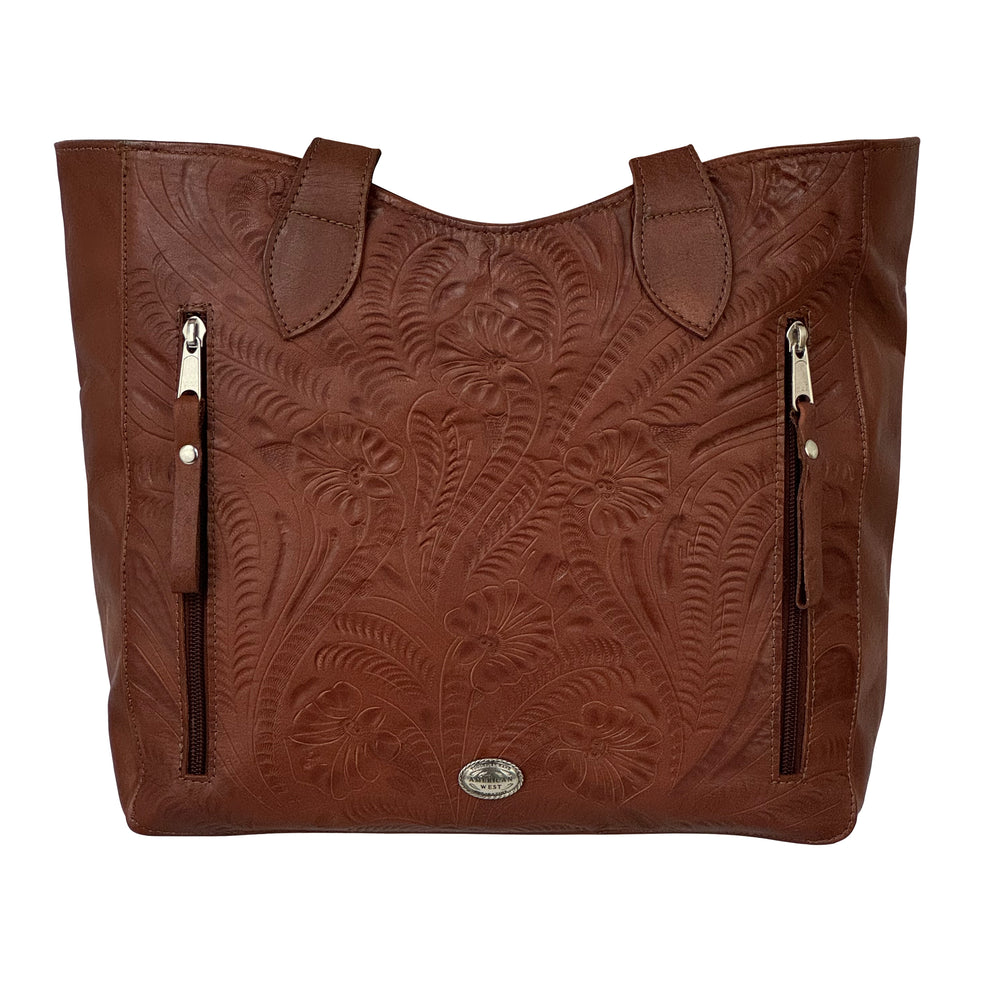 Back view of Hitchin' Post conceal carry tote in medium brown