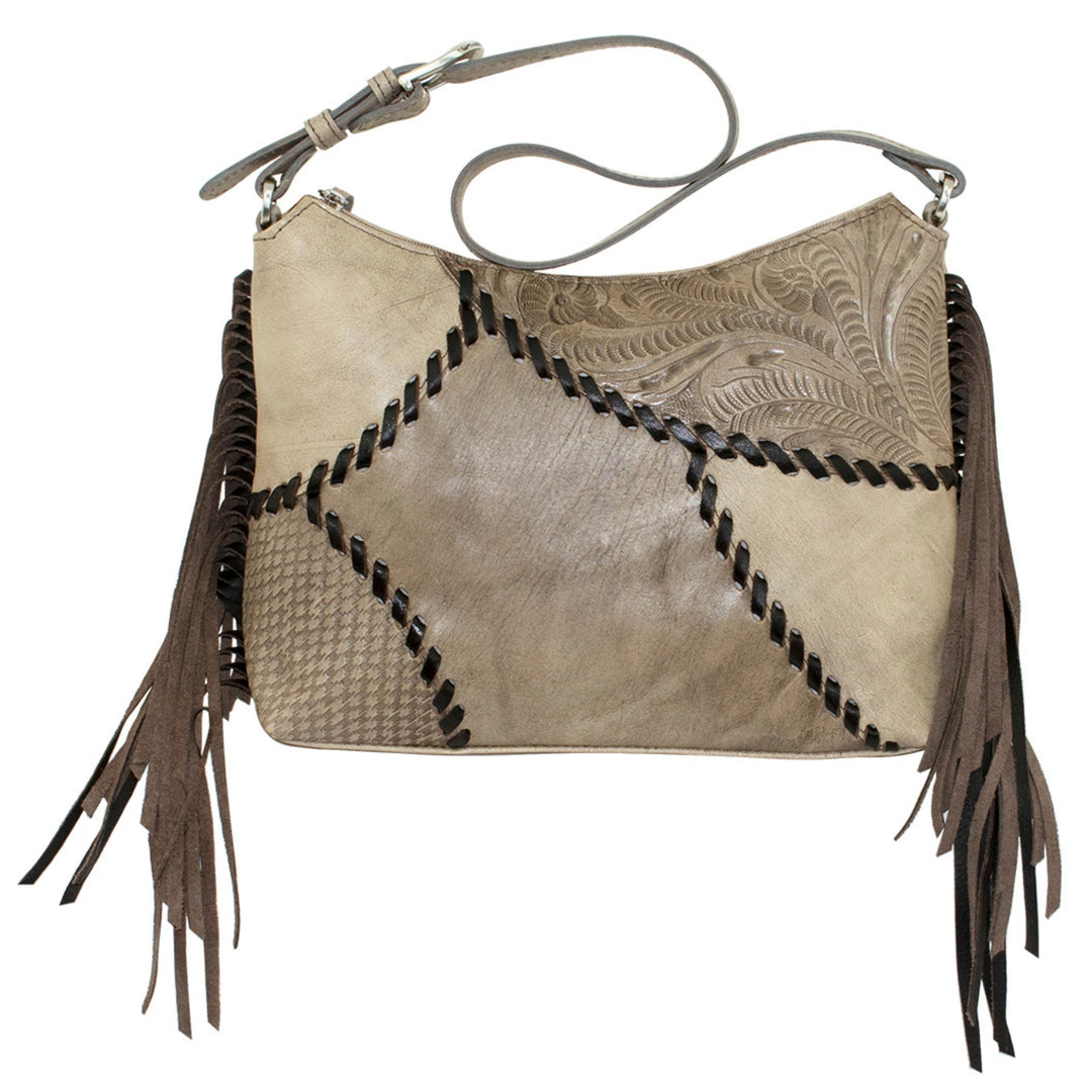 Gypsy Patch shoulder bag in sand with hand tooled leather accents