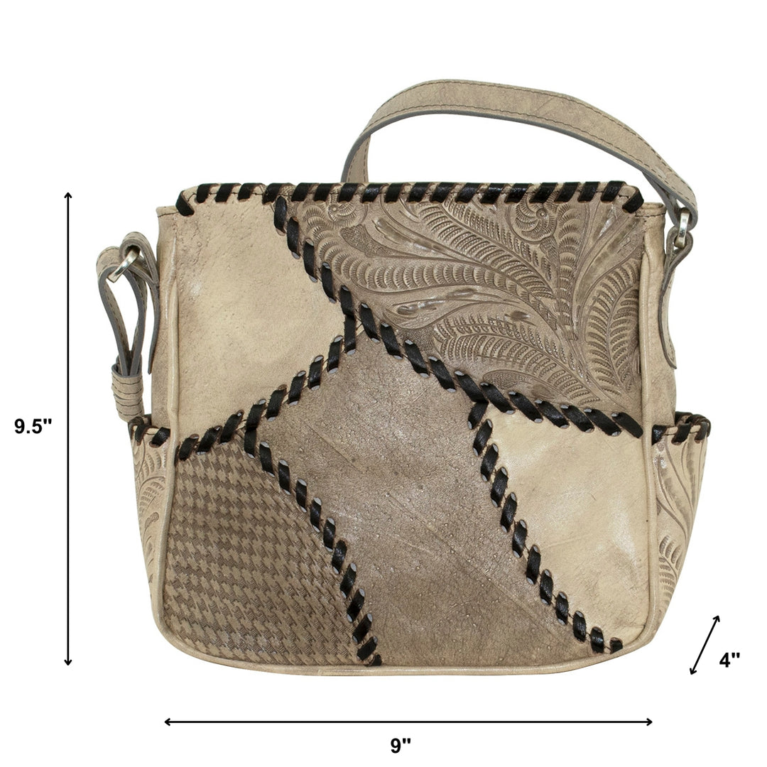 Gypsy Patch crossbody bag in sand with hand tooled leather accents with dimensions