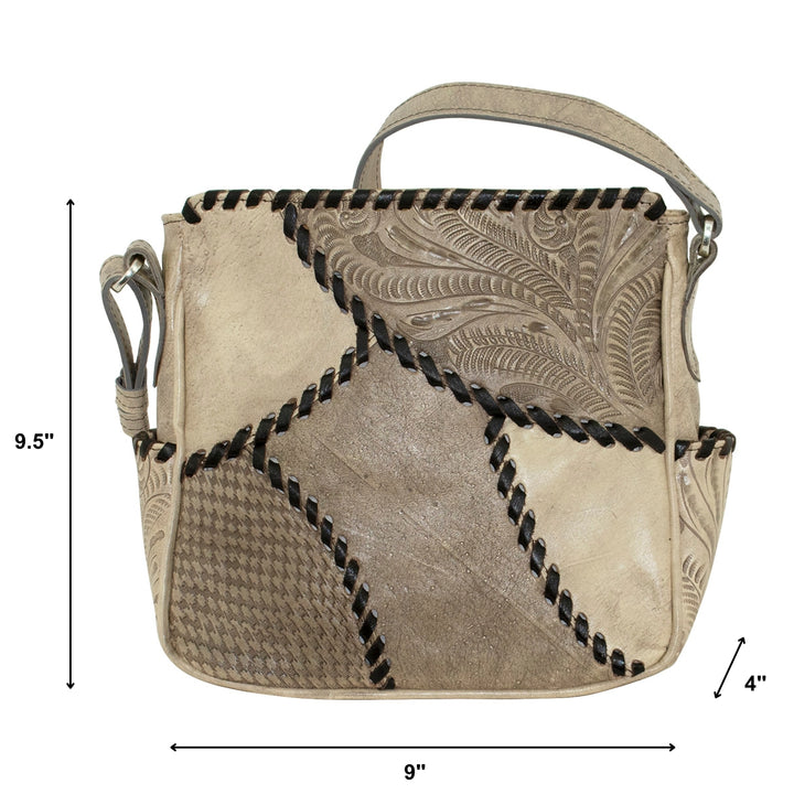 Gypsy Patch crossbody bag in sand with hand tooled leather accents with dimensions