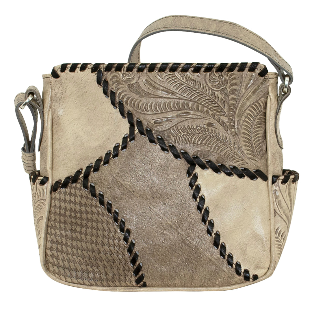 Gypsy Patch crossbody bag in sand with hand tooled leather accents