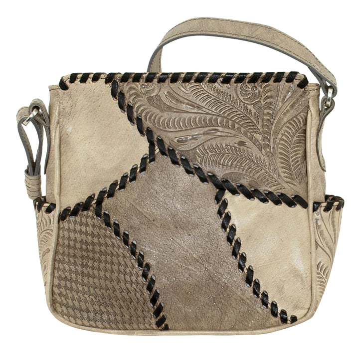 Gypsy Patch crossbody bag in sand with hand tooled leather accents