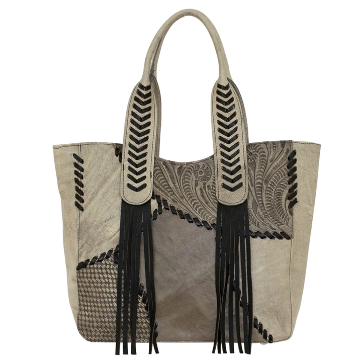 Gypsy Patch tote in sand with hand tooled leather accents