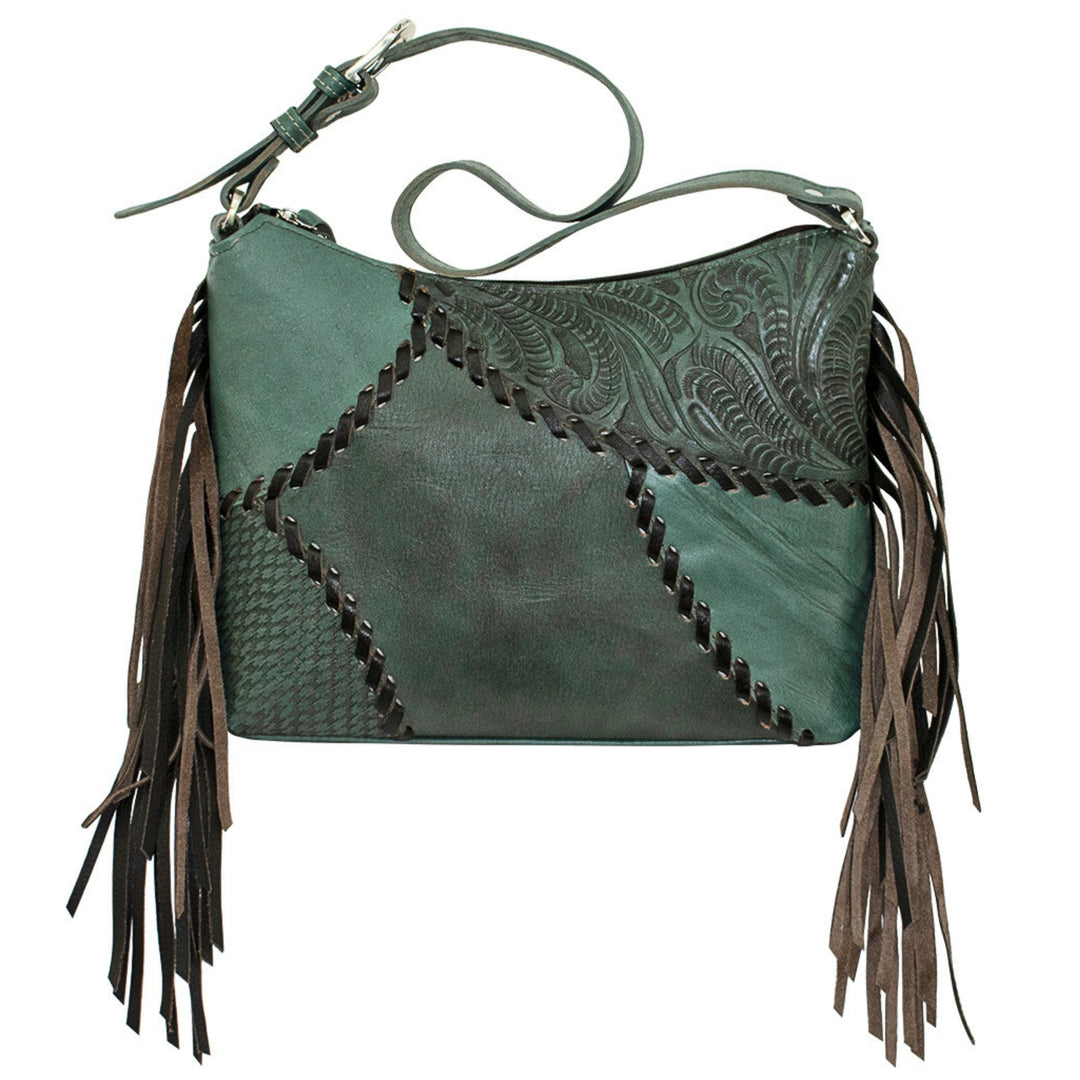 Gypsy Patch shoulder bag in light turquoise with hand tooled leather accents