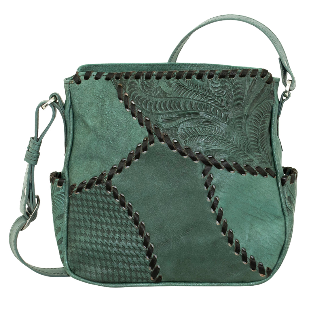 Gypsy Patch crossbody bag in light turquoise with hand tooled leather accents