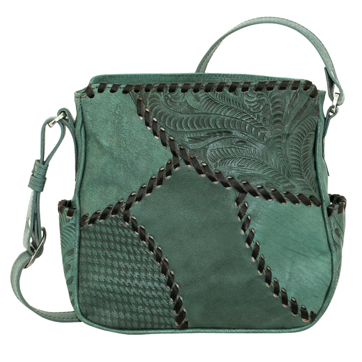 Gypsy Patch crossbody bag in light turquoise with hand tooled leather accents