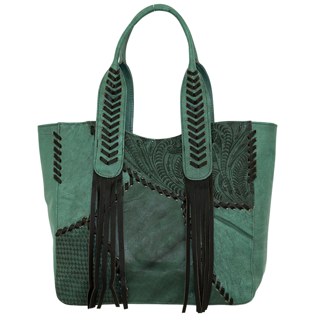 Gypsy Patch tote in light turquoise with hand tooled leather accents