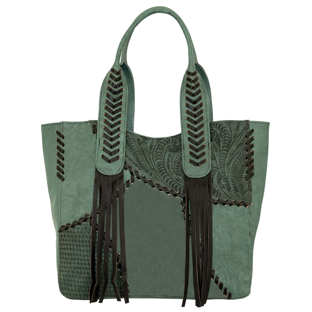 Gypsy Patch tote in light turquoise with hand tooled leather accents