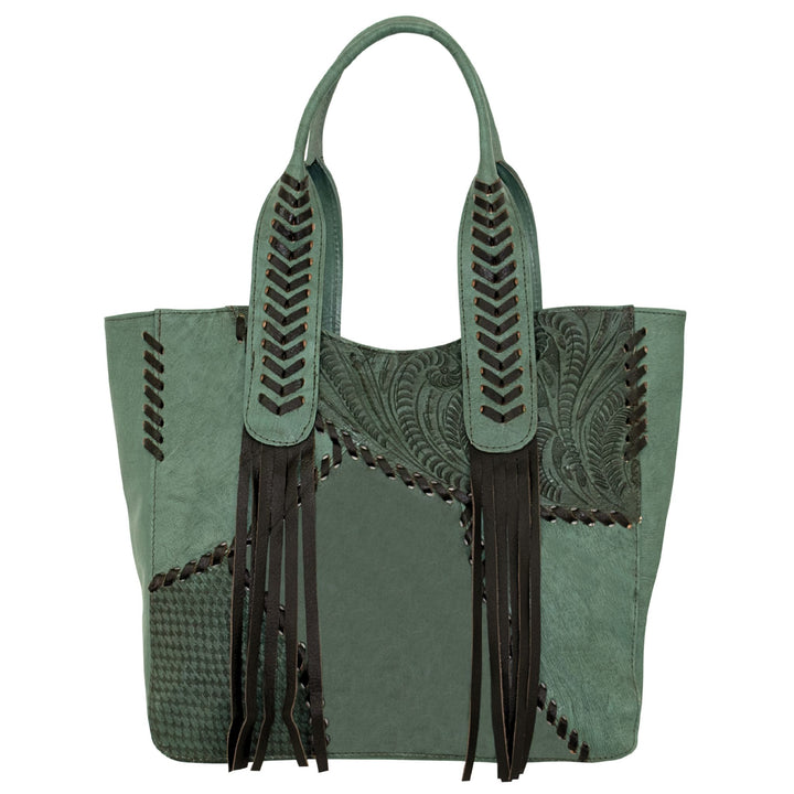 Gypsy Patch tote in light turquoise with hand tooled leather accents