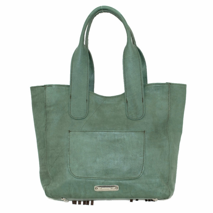 Back view of Gypsy Patch tote in light turquoise with hand tooled leather accents