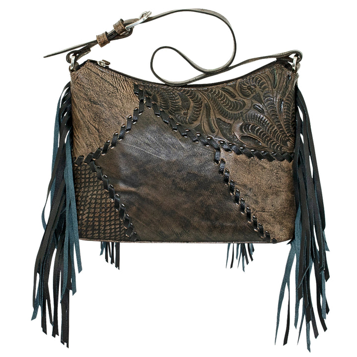 Gypsy Patch shoulder bag in distressed charcoal brown with hand tooled leather accents