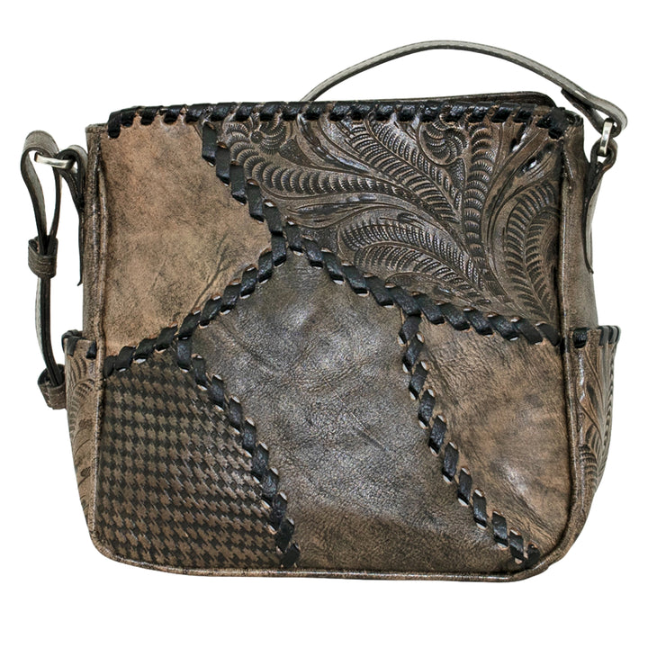 Gypsy Patch crossbody bag in distressed charcoal brown with hand tooled leather accents
