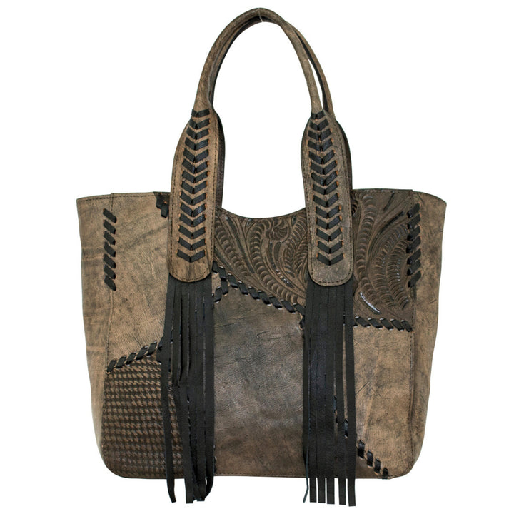 Gypsy Patch tote in distressed charcoal brown with hand tooled leather accents