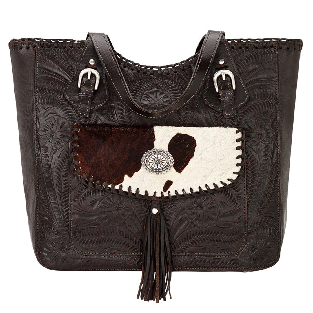 Annie's Secret conceal carry tote in chocolate brown with hand tooled leather and hair-on hide accents