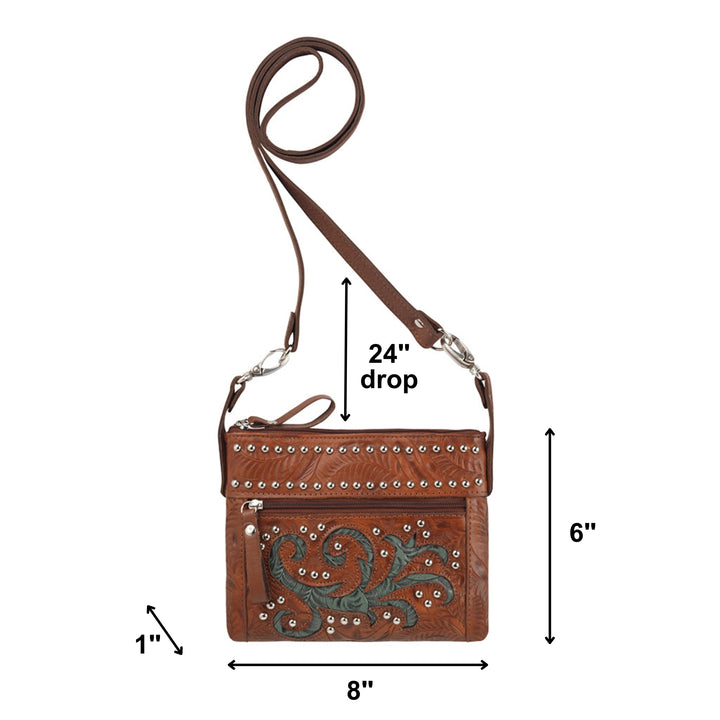 Prairie Sage crossbody/hip bag in medium brown with hand tooled leather accents with dimensions