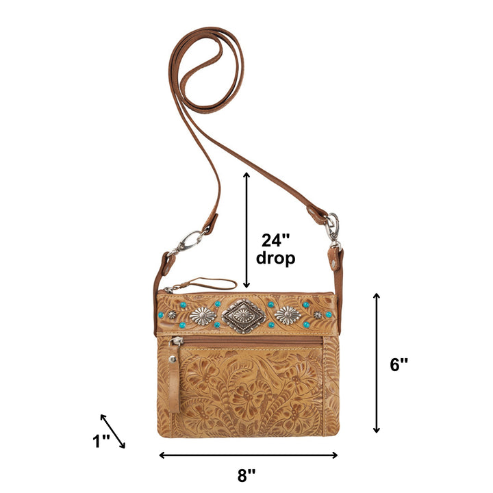 Turquoise Mesa crossbody/hip bag in light tan with hand tooled leather accents with dimensions