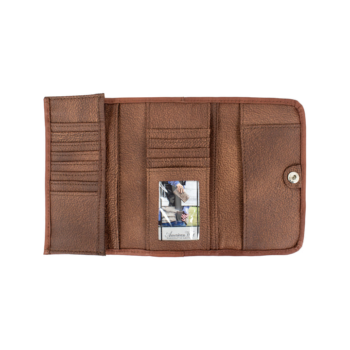 Inside view of Desert Wildflower tri-fold wallet with multiple card and cash slots