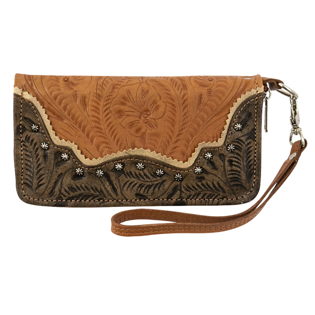 Saddle Ridge zip-around wallet in natural tan with hand tooled leather accents