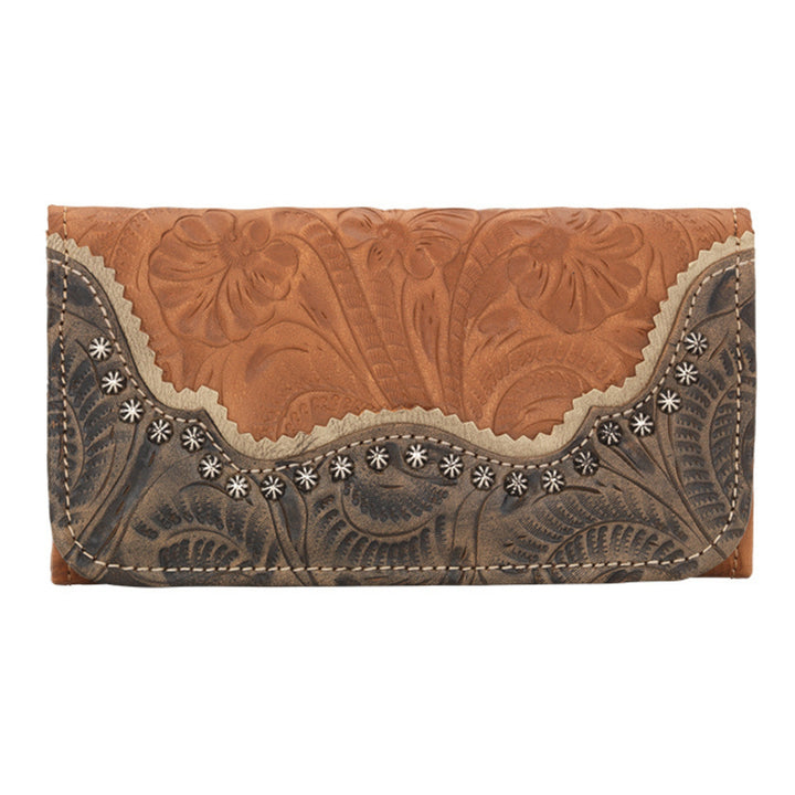 Saddle Ridge tri-fold wallet in natural tan with hand tooled leather accents